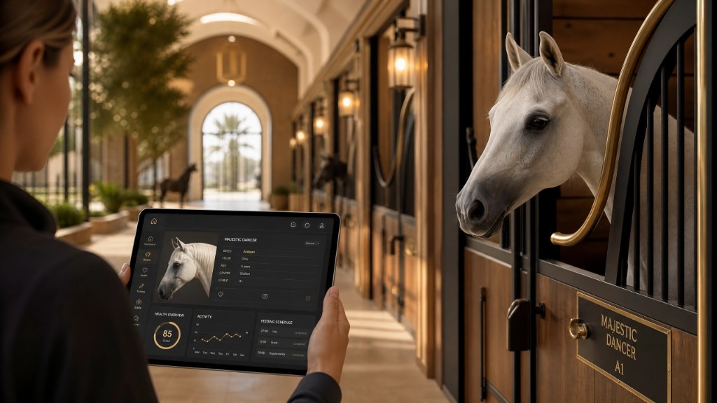EquiTech on a tablet beside a horse in a modern stable aisle