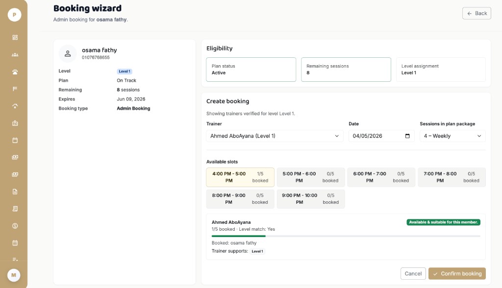 EquiTech booking wizard showing admin booking for a member with eligibility, trainer selection, date, session slots, and confirm booking