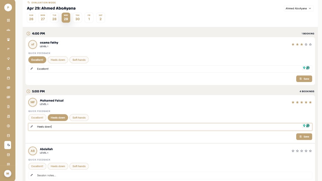 EquiTech Evaluation Mode with weekly date picker, time slots, rider cards, star ratings, quick feedback tags, notes, and save