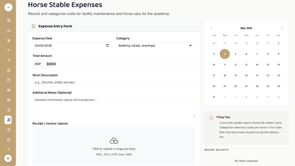 EquiTech Horse Stable Expenses form with date, category, amount in EGP, description, notes, receipt upload, calendar, and filing tips