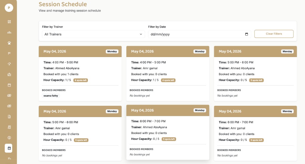 EquiTech trainer schedule grid showing session cards with date, time, trainer, capacity, spots left, and booked member names